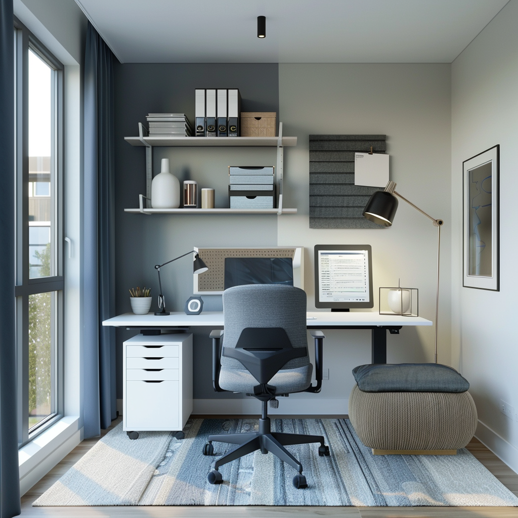 Modern office space with a minimalist design, featuring a white standing desk, charcoal gray ergonomic chair, wall-mounted shelving, and modular storage cubes. Natural and LED lighting highlights the soft neutral colors and deep accents in the room. Photographed in high detail.