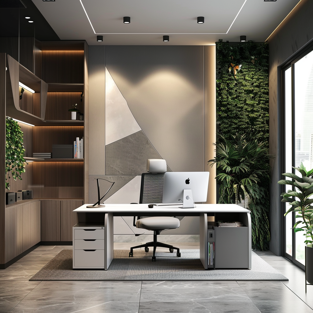 Photorealistic image of a small modern office with a white standing desk, ergonomic mesh chair, floating shelves, minimalist file cabinet, and a vertical garden wall. The room is bathed in natural light from a large window and features polished concrete floors and a textured rug under the desk. The color palette includes neutral greys and whites with accents of teal, complemented by LED track lighting.