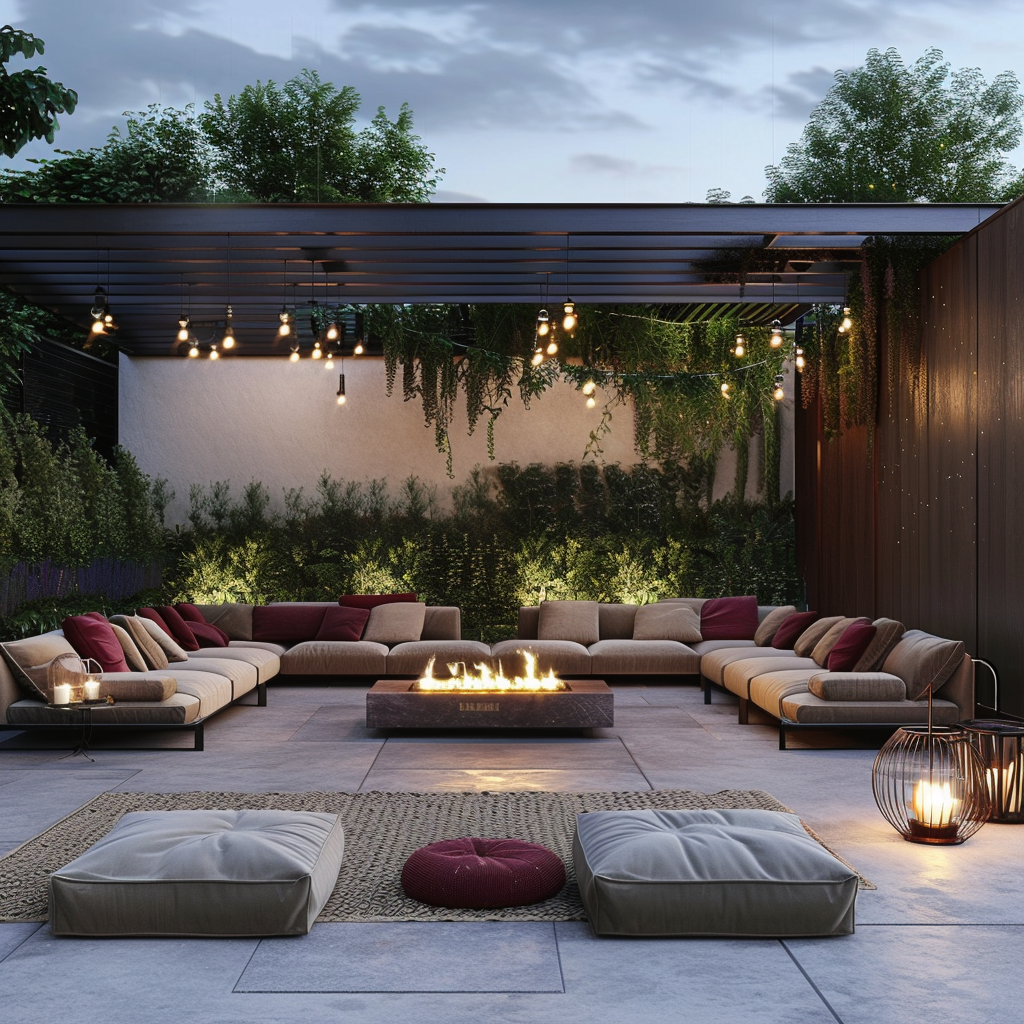 Luxurious modern minimalist outdoor living room at dusk, with a U-shaped modular sofa around a fire pit, illuminated by Edison bulb festoons and ground-level LED spotlights, featuring lush greenery and a vertical herb garden wall.