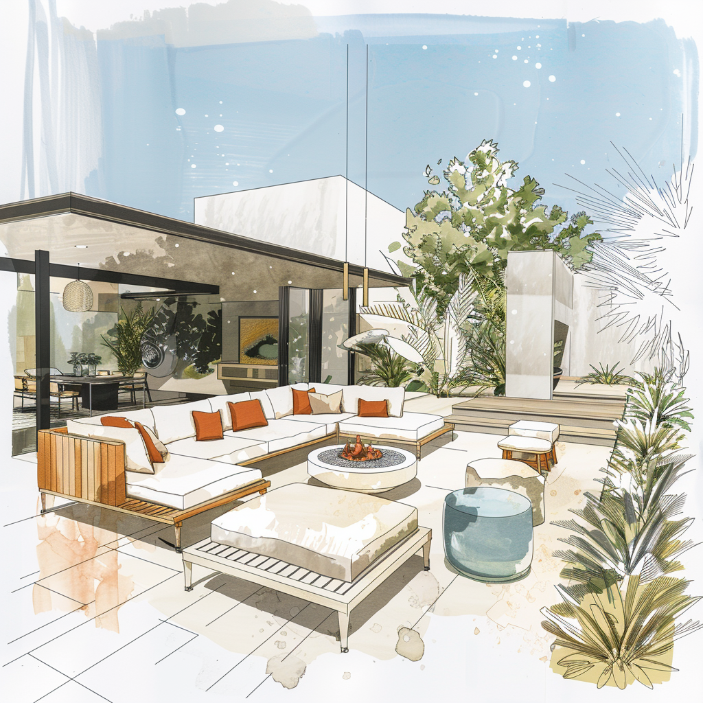 Outdoor living room sketches and mood boards with modern, minimalist design, earthy tones, vibrant accents, sleek sectional sofa, geometric fire pit, and natural lighting.