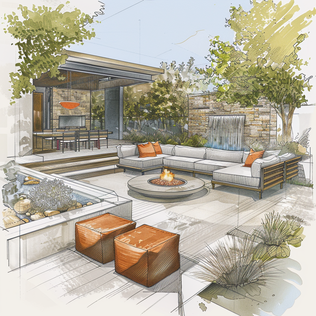 A series of sketches and mood boards showcasing modern minimalist outdoor living room concepts with a sleek sectional sofa, geometric fire pit, occasional tables, textured materials, vibrant accent colors, natural and artificial lighting, and unique garden focal points.