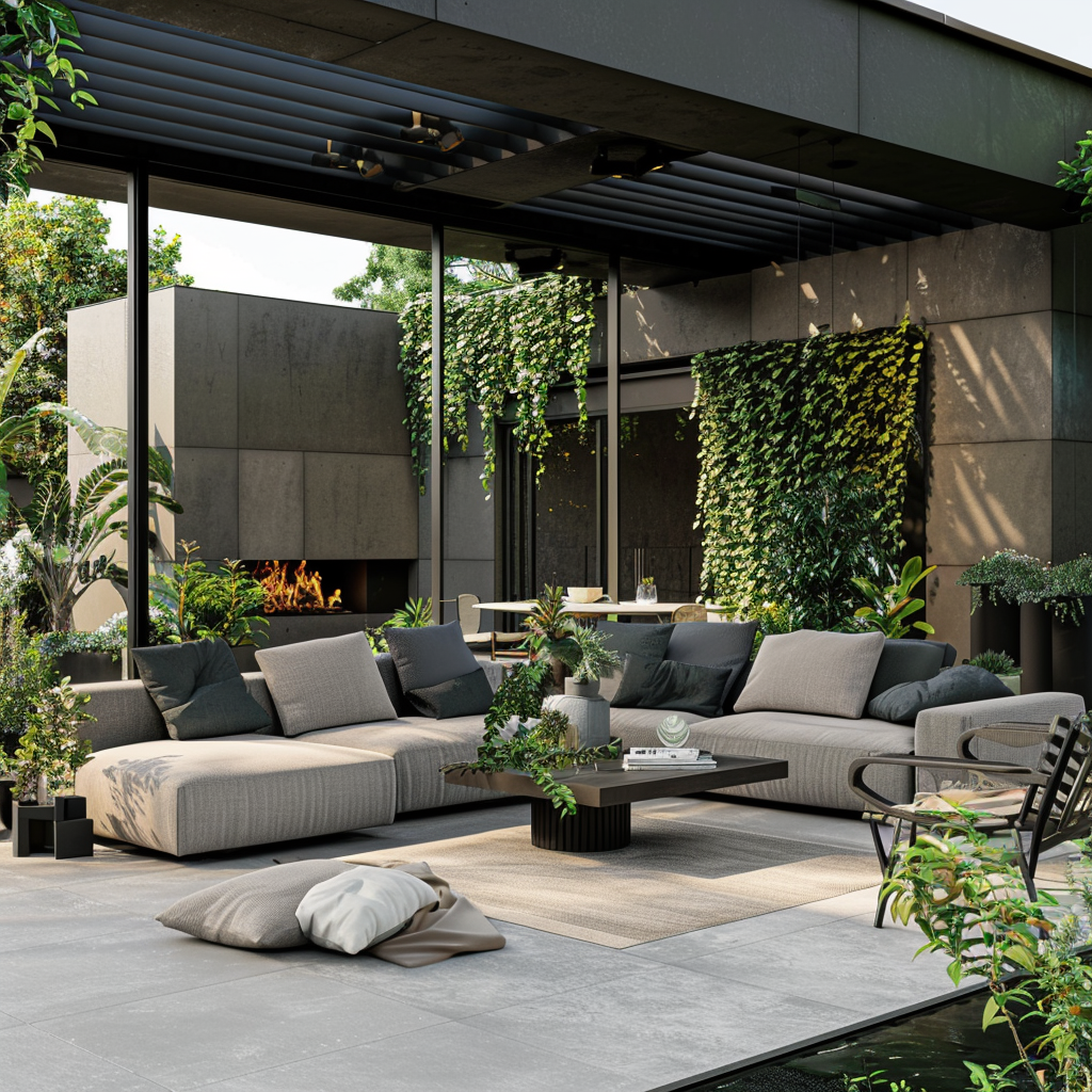 Composite image of a modern minimalist outdoor living room featuring a gray sectional sofa, black coffee table, and lounge chairs, surrounded by a variety of plants. The scene is lit by natural light with subtle artificial lighting, highlighting the seamless integration of furniture and garden elements.