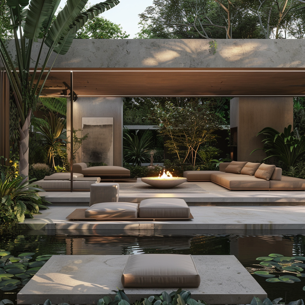 Modern minimalist outdoor living room seamlessly integrated with a lush garden, featuring a taupe sofa, central fire pit, teakwood tables, and sculptural garden elements, bathed in natural and strategic artificial lighting during dusk, captured in photorealistic 8K resolution.