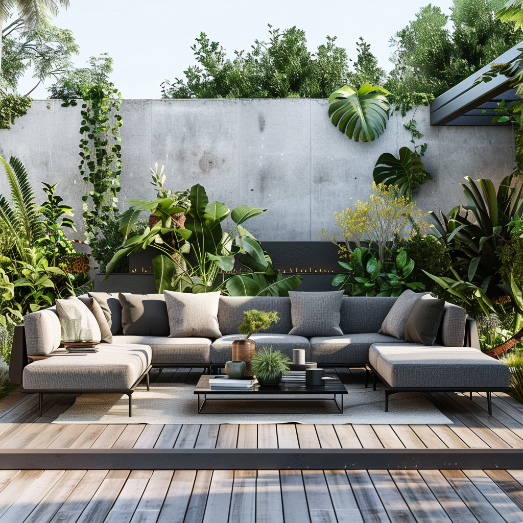 Composite image of a modern minimalist outdoor living room with a gray sectional sofa, black coffee table, sleek lounge chairs, and various plants in natural lighting, complemented by unique features like a fire pit and water feature.