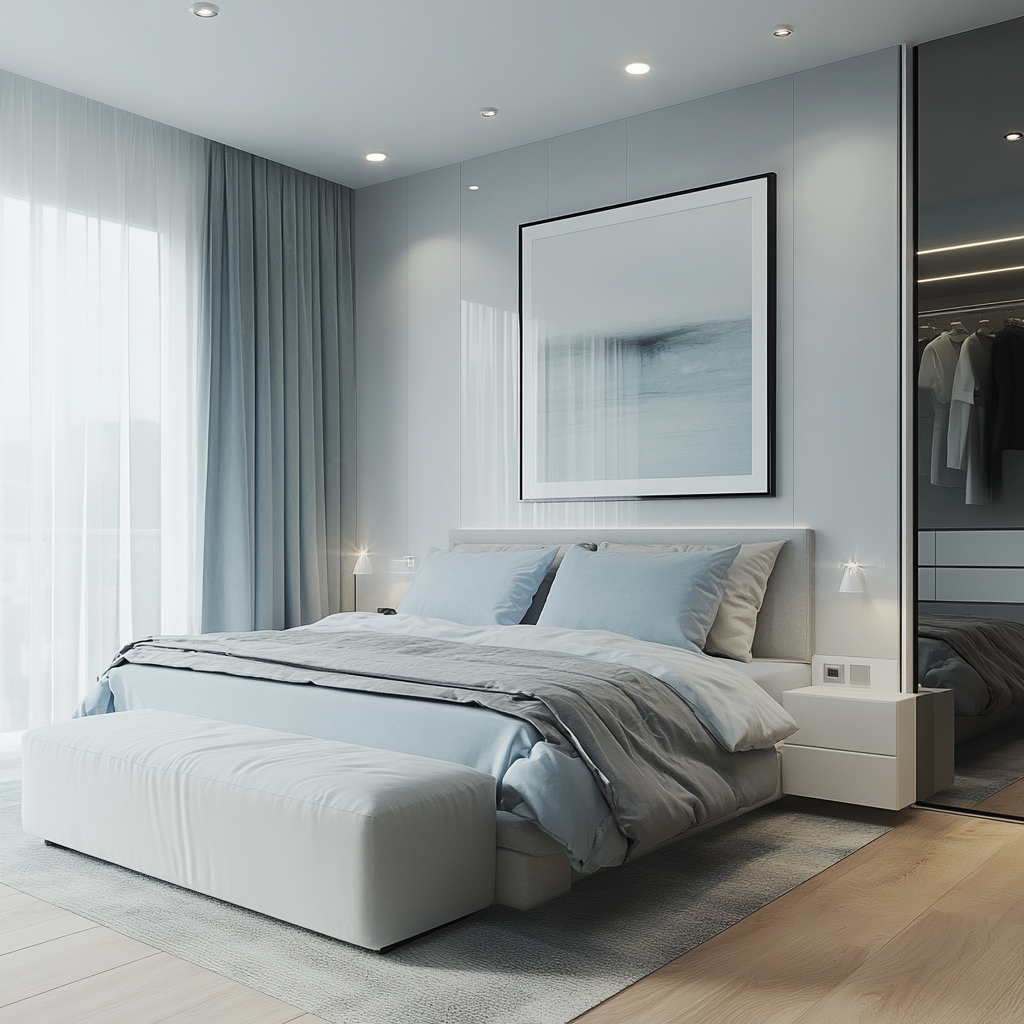 Modern minimalist small apartment bedroom for couples with light colors, storage bed, floating nightstands, loveseat, large mirror, recessed lighting, and LED wall sconces, rendered in 8K resolution.