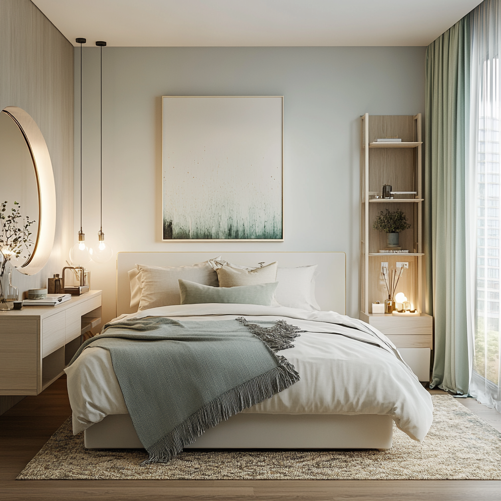 Photorealistic 8K resolution modern minimalist couple's bedroom in a small apartment. Features queen-sized bed with under-bed storage, floating desk, vertical shelving units, large frameless mirror, polished wood elements, woolen area rug, linen bedding and curtains, natural and artificial lighting, with whites, soft greys, muted blues, and greens.