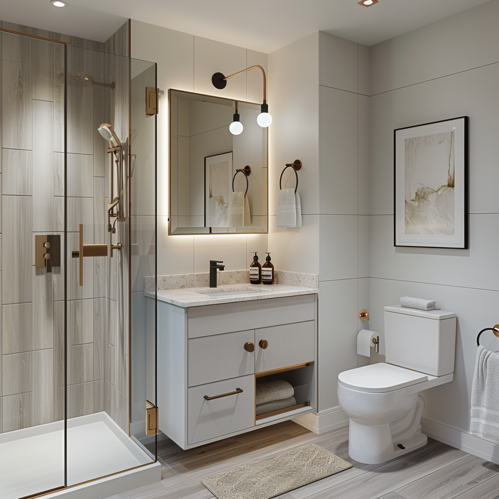 Photorealistic interior of a small modern minimalist bathroom with a floating vanity, backlit mirror, recessed lighting, and a sophisticated color palette featuring white, gray, matte black, and brushed gold accents.