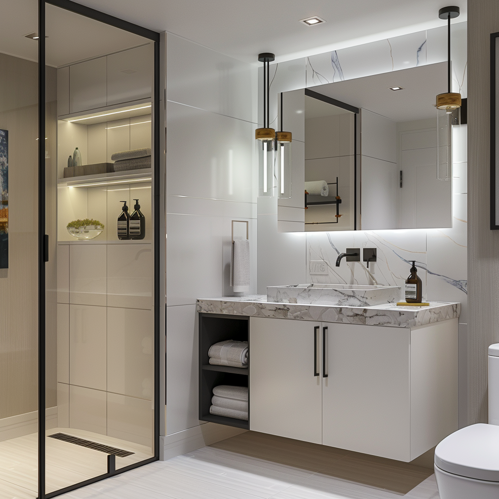 Photorealistic image of a modern minimalist small bathroom with a space-saving floating vanity, backlit mirror, recessed LED lights, pendant light, natural stone countertop, ceramic backsplash, wood-grain porcelain floor tiles, glass-door cabinet, and modern artwork above the toilet. colores: soft white, light gray, matte black, brushed gold.