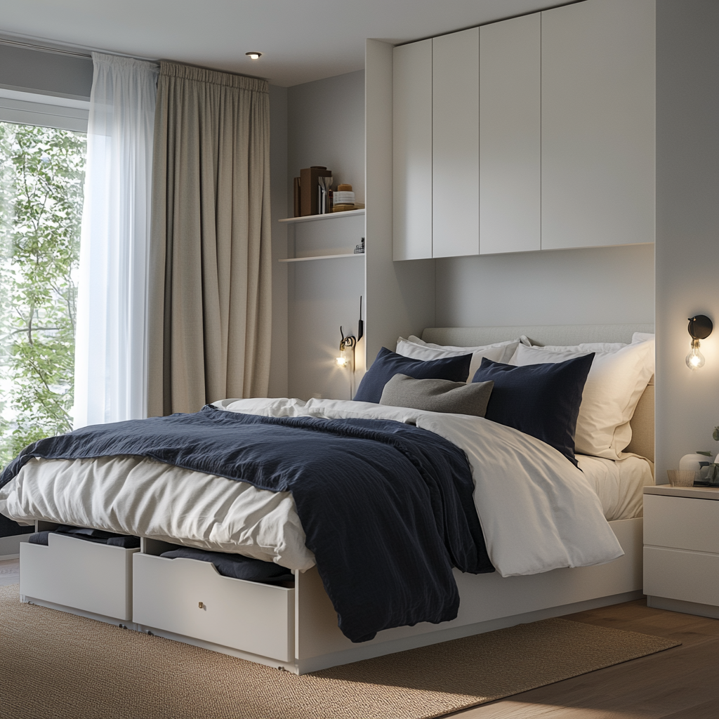 Small modern minimalist bedroom with hidden storage solutions, featuring a queen-sized bed with built-in drawers, floating nightstands, a seamless wardrobe, and a storage ottoman. The room is decorated in neutral tones with navy blue accents and illuminated by natural and artificial light sources.