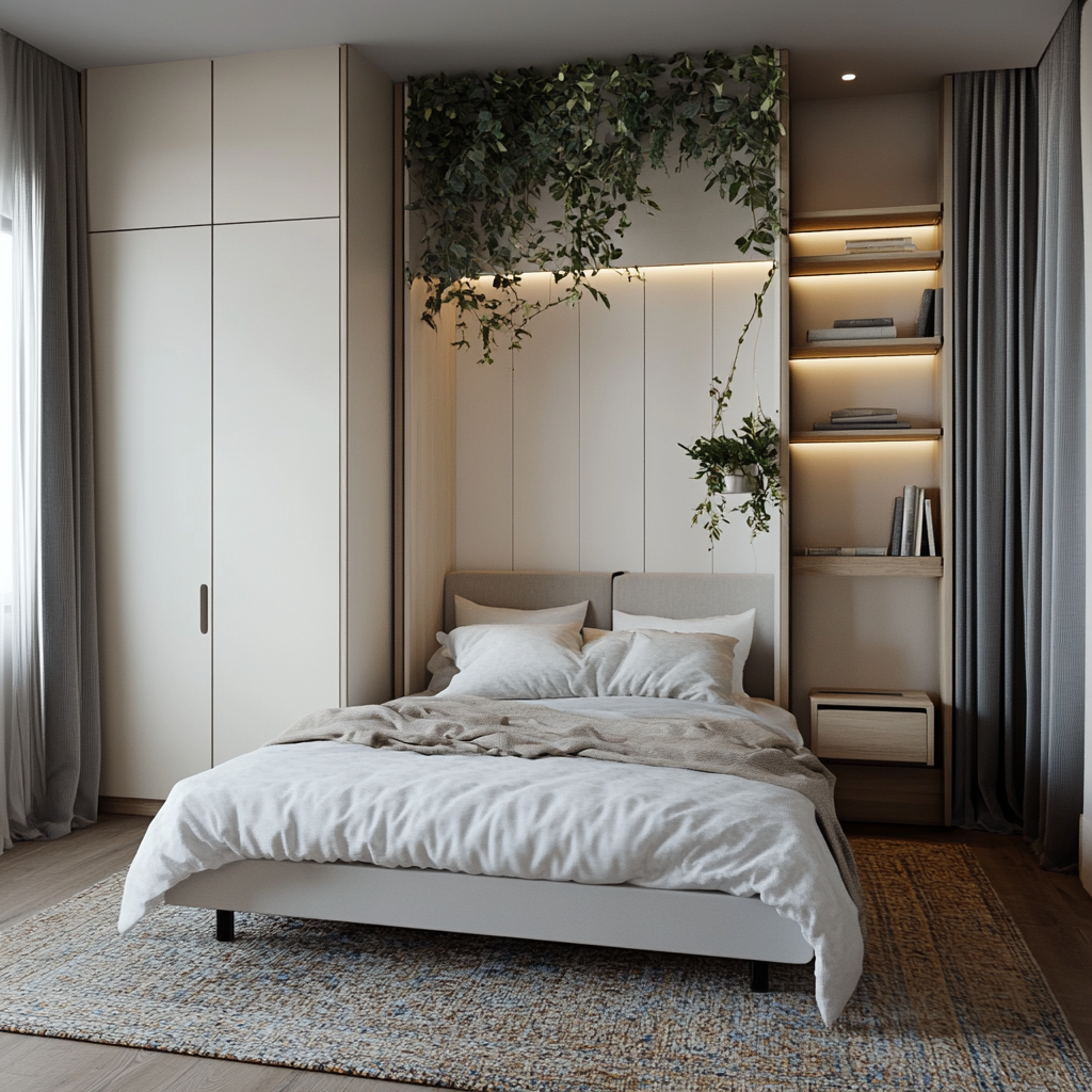 Small, modern-minimalist bedroom with neutral colors, Murphy bed, floating bedside table, wall-mounted shelves, vertical built-in wardrobe, tall mirror, natural and artificial lighting, vertical garden wall hanging, and large textural rug.