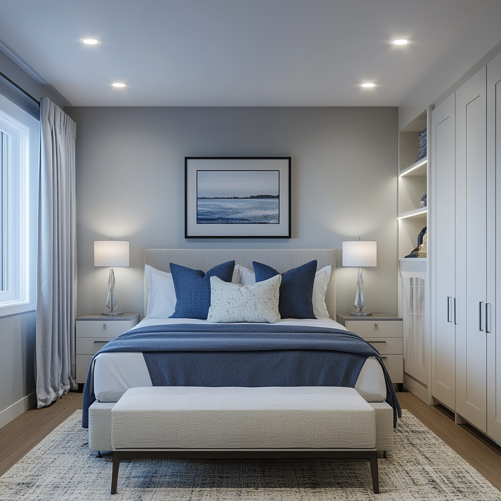 Modern minimalist small bedroom with a central queen-sized bed featuring built-in drawers, floating nightstands, a sleek handle-free wardrobe, and a multi-purpose ottoman at the foot of the bed. The room is illuminated by natural light from large windows with light-filtering curtains and recessed LED lights. The color scheme includes white, soft greys, and navy blue accents, with textures from soft linens, matte surfaces, and wood grain. Unique elements like a wall-mounted fold-down desk and vertical shelving unit are also visible.