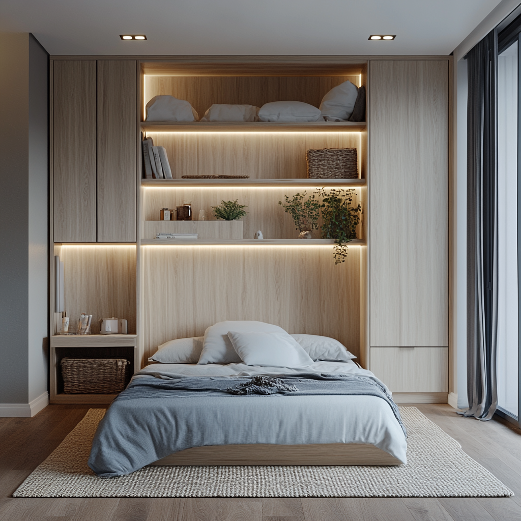 Small, modern-minimalist bedroom with a white and muted blue color palette, featuring a Murphy bed, floating bedside table, wall-mounted shelves, vertical built-in wardrobe with sliding doors, large window for natural light, wall sconces, LED strip lighting, vertical garden wall hanging, and a large textural rug.