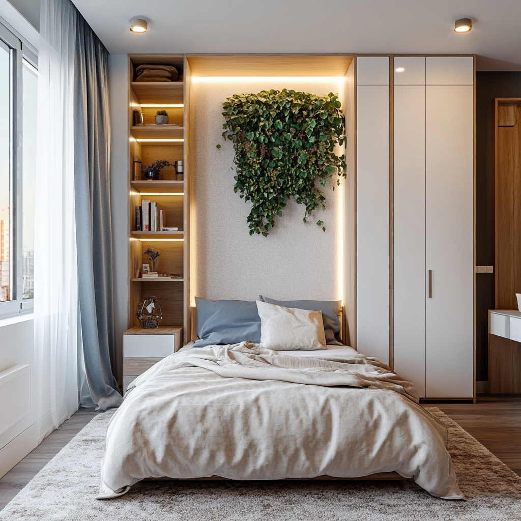 A modern-minimalist small bedroom designed for a couple, featuring a Murphy bed, wall-mounted shelves, a floating bedside table, and a vertical wardrobe in a neutral color palette with natural and LED lighting, captured in photorealistic detail.