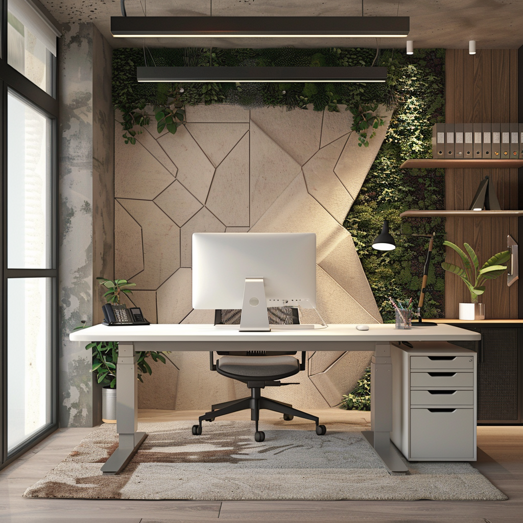 Photorealistic modern minimalist small office featuring a white standing desk facing a large window, ergonomic mesh-back chair, floating shelves, file cabinet, and a vertical garden wall. The neutral palette with pops of teal, polished concrete floors, and ample natural light creates a chic and functional workspace.