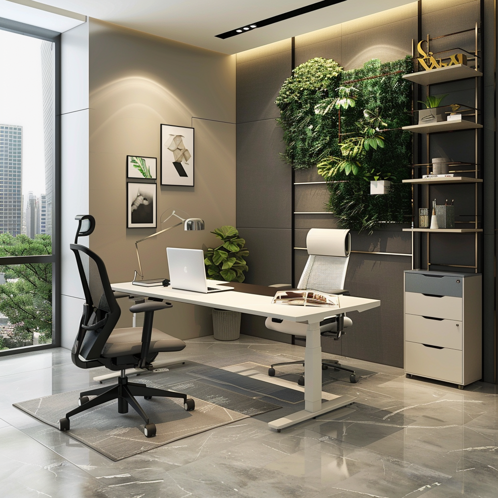 Photorealistic image of a modern minimalist small office with a white standing desk, ergonomic office chair, floating shelves, file cabinet, natural light from a window, LED track lighting, polished concrete floors, textured rug, metallic fixtures, and a vertical garden wall.