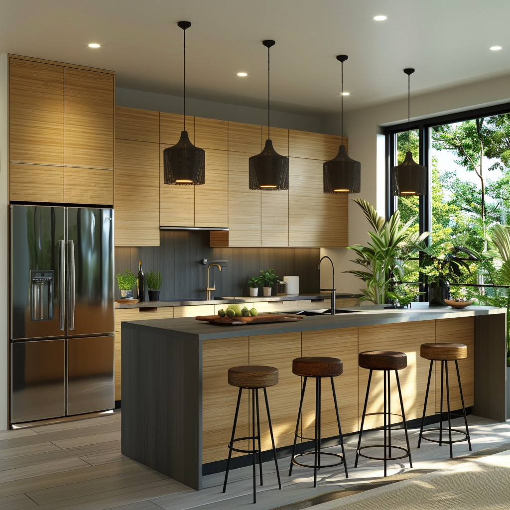 Modern minimalist sustainable kitchen with bamboo countertops, reclaimed wood cabinetry, and earthy color palette. Central island with recycled bar stools, stainless steel appliances, and stone-mimicking sustainable flooring under recessed LED and natural lighting.