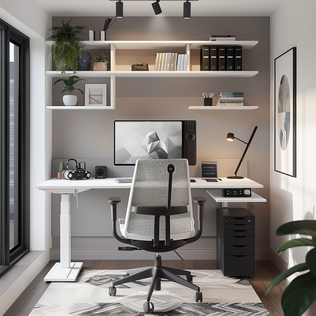 Photorealistic image of a modern minimalist tech-friendly office with a sleek white standing desk, matte-gray shelving units, ergonomic chair, compact mobile filing cabinet, and ultra-thin frameless smart monitor. Illuminated by natural light and unobtrusive matte-black track lighting, the space features a monochromatic color scheme with cool grays, whites, and black accents. Smooth matte finishes and a geometric-patterned area rug add texture and contrast.