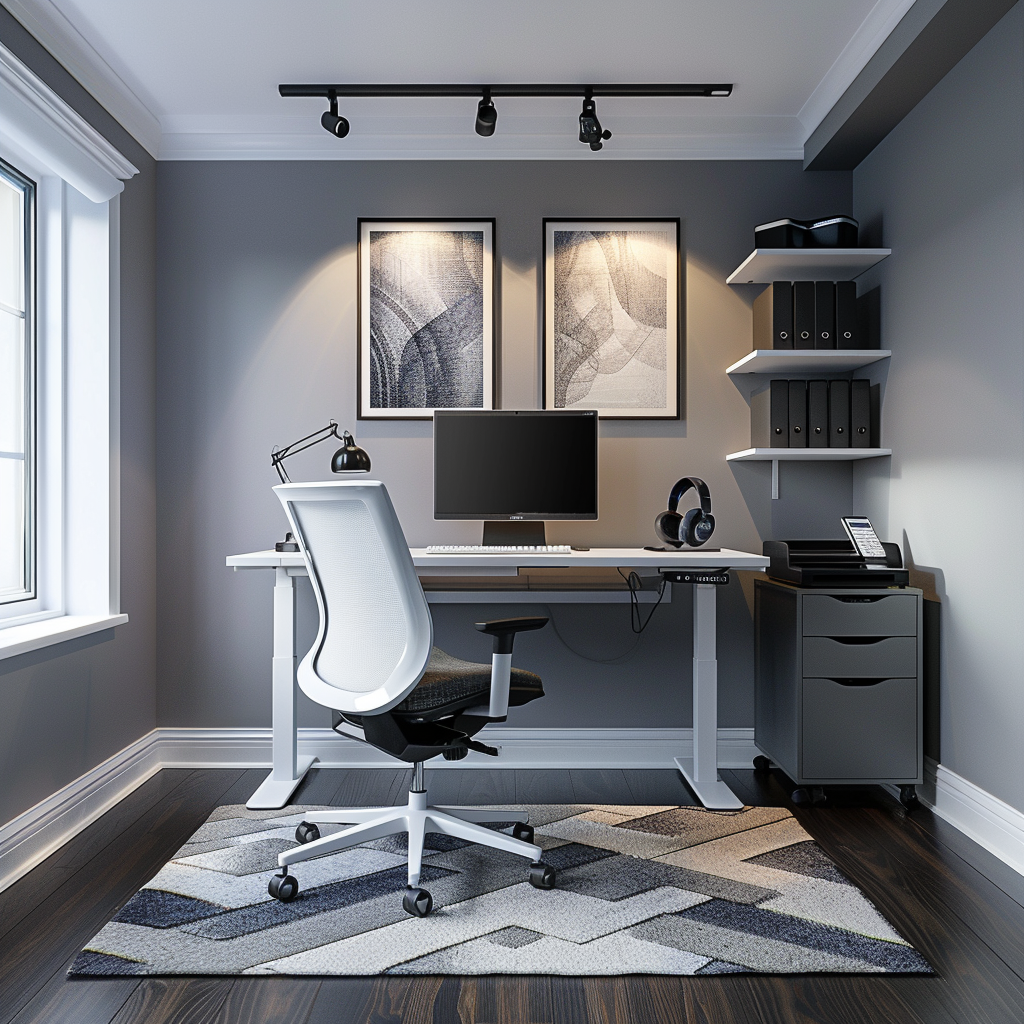 Photorealistic image of a modern minimalist office with monochromatic colors featuring a white standing desk, gray shelving units, ergonomic chair, and smart tech accessories, illuminated by natural and matte-black track lighting.