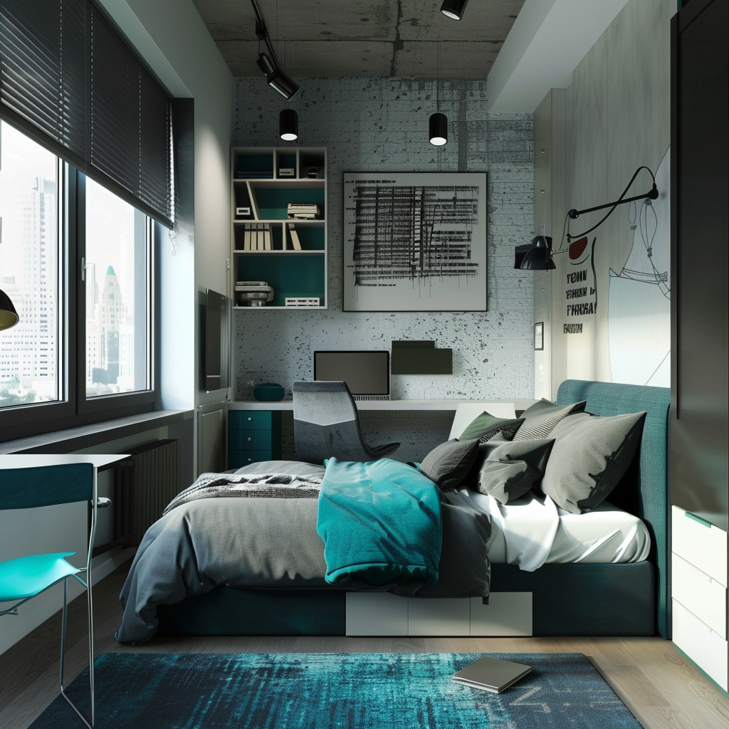 Modern minimalist teen bedroom with grey and teal color scheme, featuring a platform bed, study desk by window, floating shelves, custom mural, and ample natural and LED lighting.