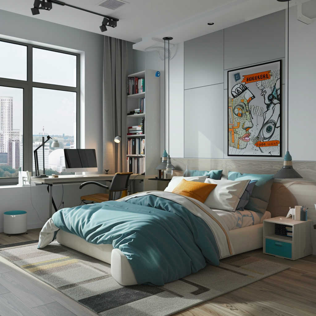 Photorealistic 8K image of a modern minimalist teen bedroom with grey and teal accents, featuring a platform bed, ergonomic desk, floating shelves, ample natural light, and custom mural.