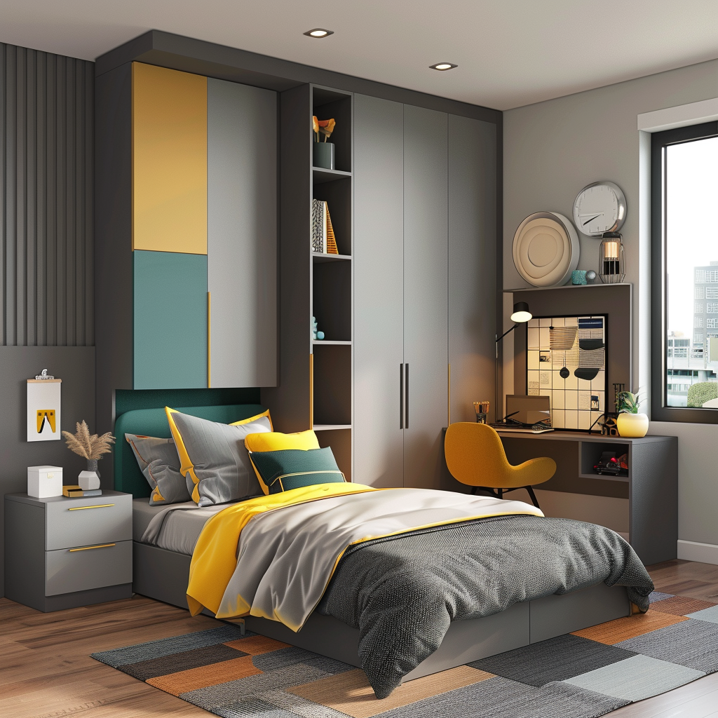 Photorealistic modern minimalist teen bedroom with grey base colors and teal and mustard accents, featuring a bed with storage, a desk with shelving, a sliding door wardrobe, and a cozy reading nook under natural and LED lighting.