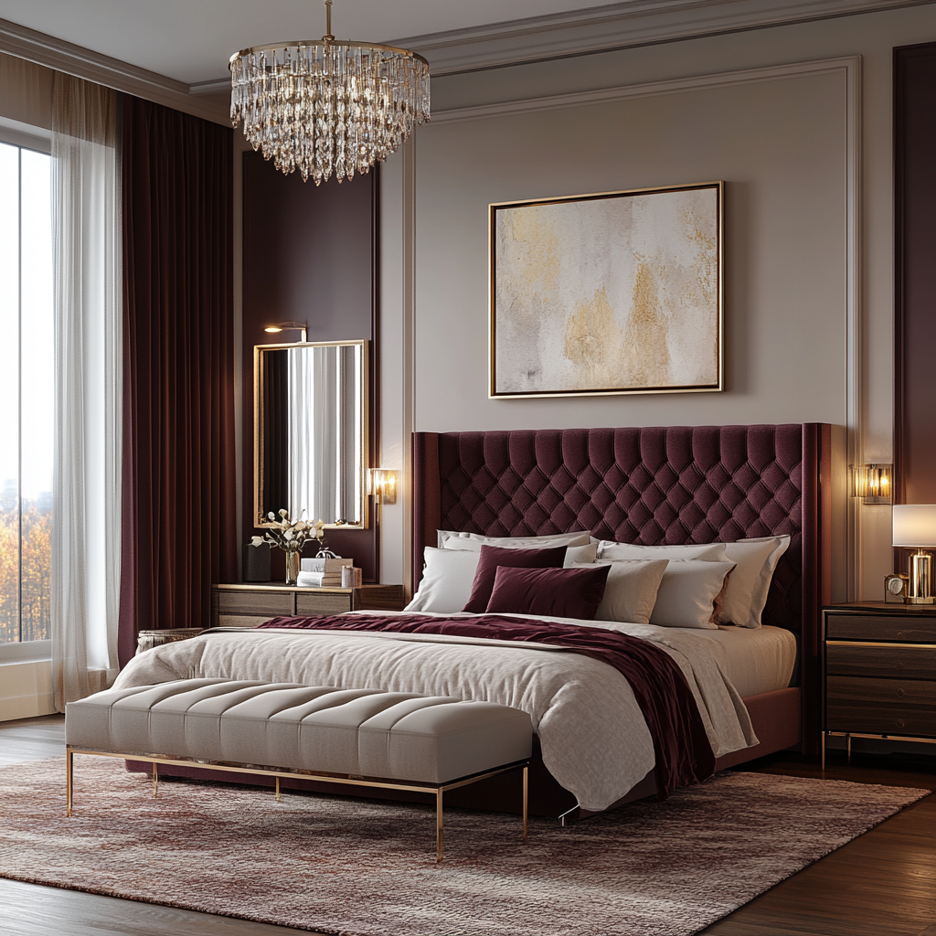 Photorealistic image of an upscale modern minimalist bedroom with a king-sized bed featuring a velvet headboard, walnut nightstands, a contemporary dresser with a grand mirror, and a chaise lounge. The room is accented in deep burgundy and gold, with luxurious textures and soft lighting from recessed lights, bedside lamps, and candles. An impressive artwork, crystal chandelier, and grand window complete the serene and sophisticated retreat.