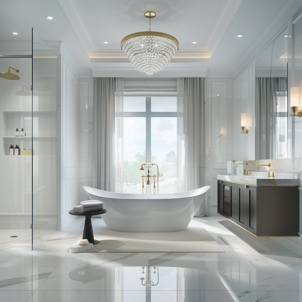 Opulent bathroom with a modern contemporary design, featuring a white freestanding tub under a large window, brushed gold accents, minimalist side tables, marble-look porcelain tiles, and a statement chandelier.