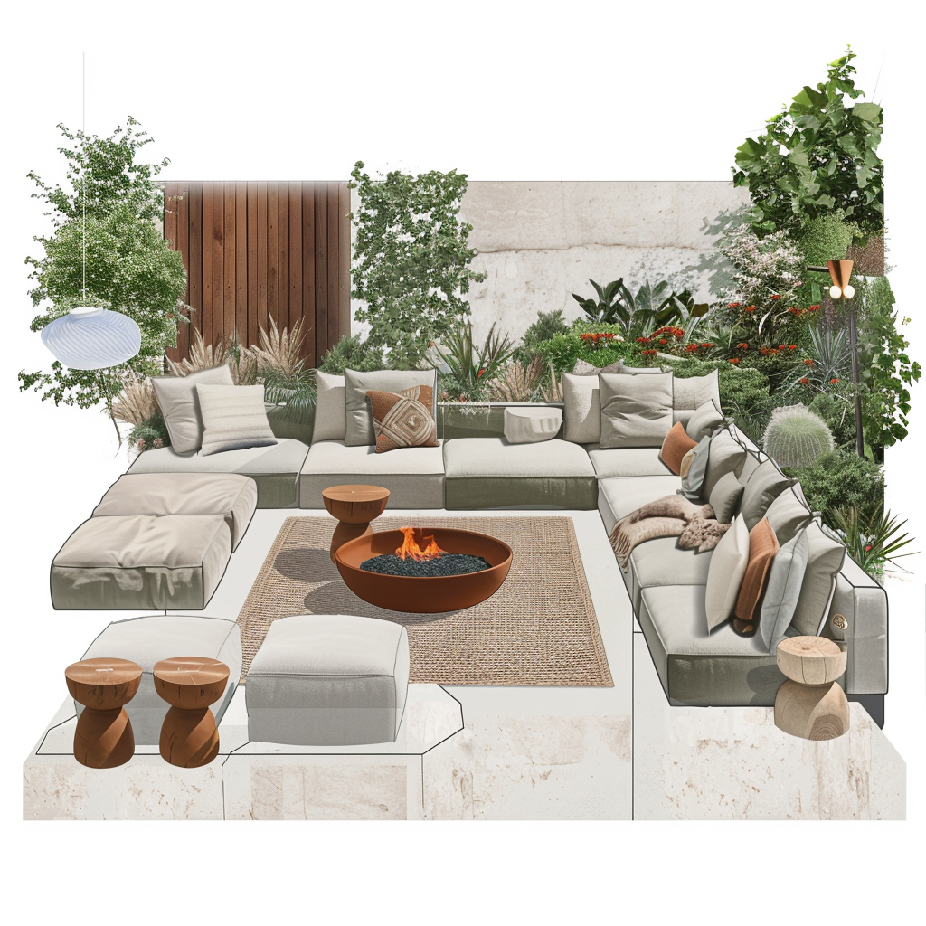 A series of sketches and mood boards displaying outdoor living room concepts, merging modern minimalist design with a garden setting. Features earthy and vibrant colors, a low-profile sectional sofa, geometric fire pit, tables and poufs, natural and artificial lighting, and durable materials like teak wood and stone.