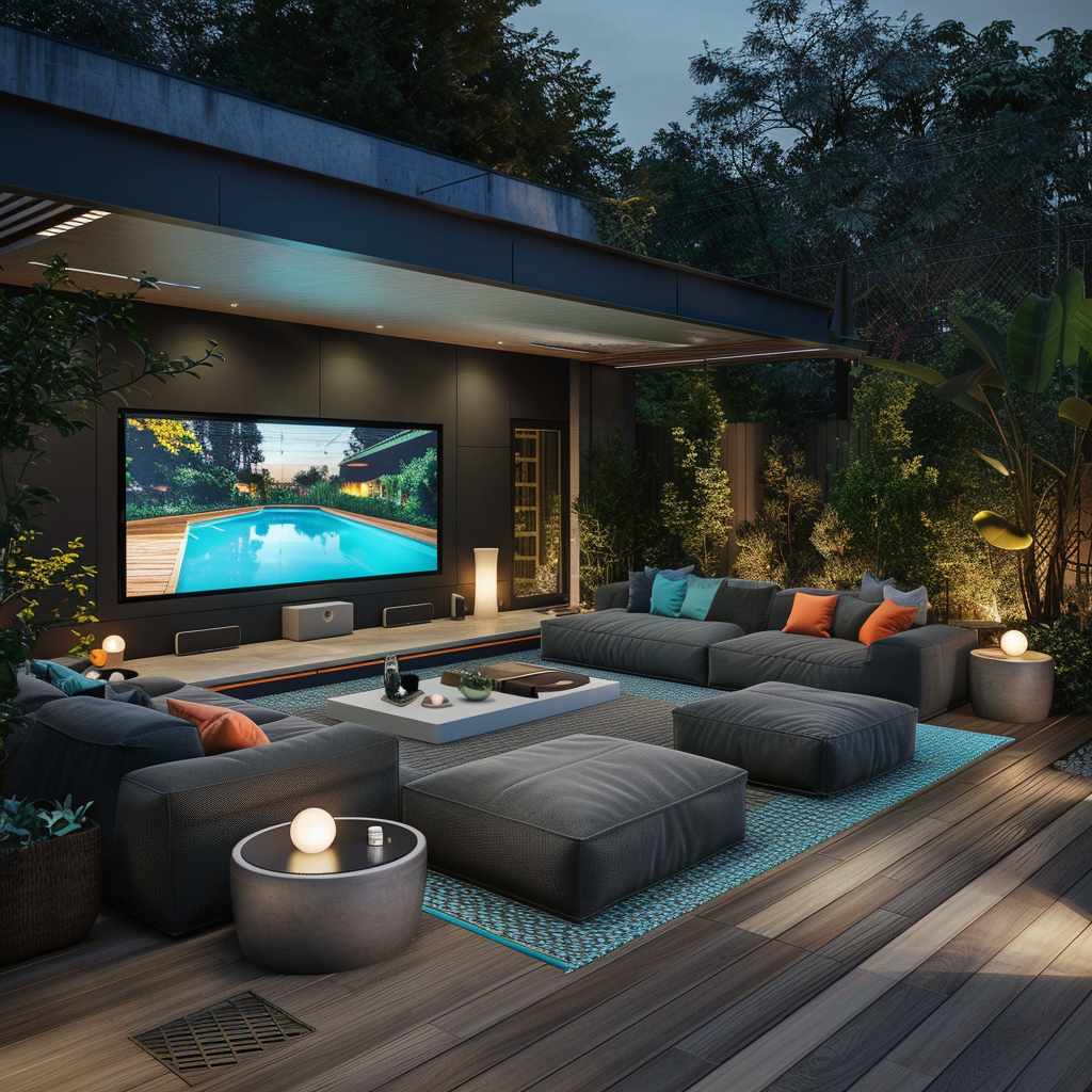 A sleek and contemporary outdoor living room setup for a movie night, including a dark grey modular sectional, wall-mounted TV, side tables with LED lamps, and a concealed projector screen, all bathed in the warm light of sunset.