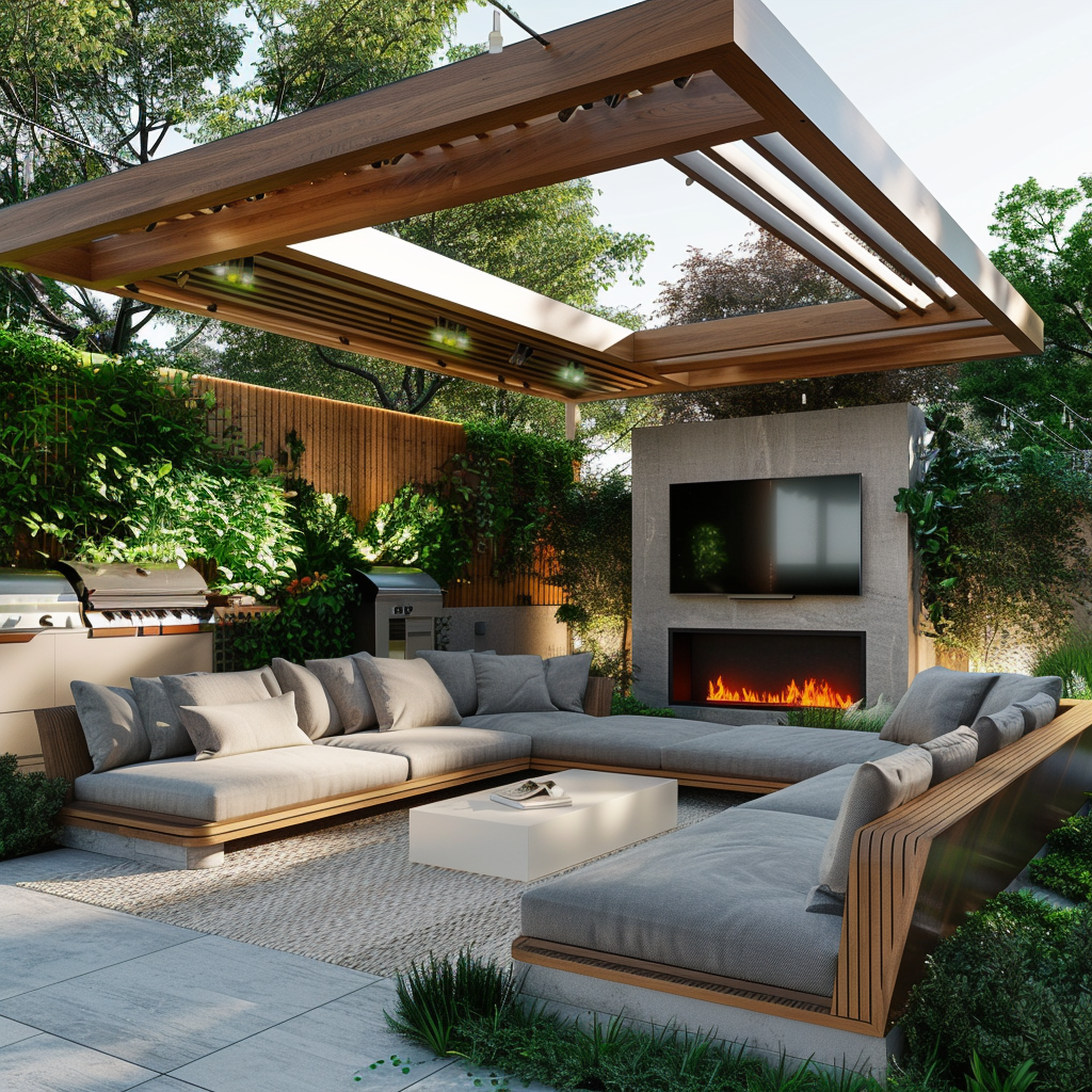 Sophisticated outdoor living room featuring modern smart home technology, a modular light gray sofa, white coffee table, wooden control panel, LED lighting, vertical garden wall, and a woven resin rug, all set in a tranquil garden.