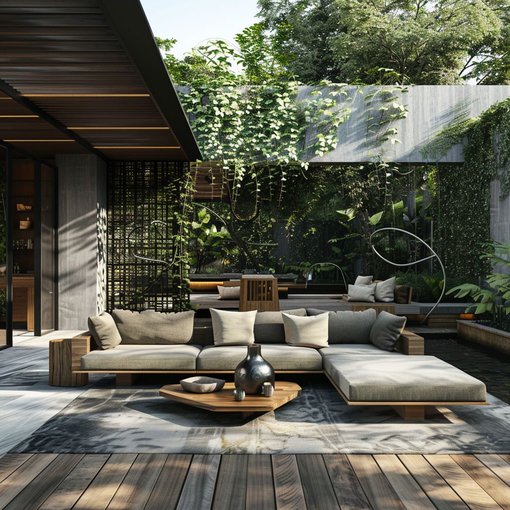 Modern outdoor living space with earthy tones, a sleek sectional sofa, cream cushions, a low-profile coffee table, and an artistically crafted metallic privacy screen surrounded by lush greenery.