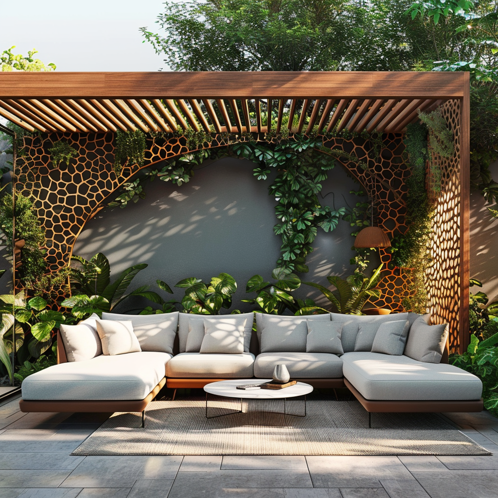 Luxurious outdoor living space with modern minimalist design, featuring teak wood and charcoal gray furniture, lush greenery, and cream cushions.