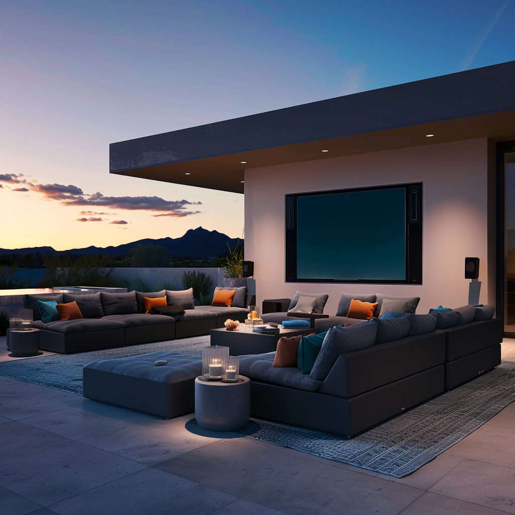 Modern outdoor living room setup for a home movie night theme, featuring a dark grey modular sectional, large weatherproof TV, projector screen, brushed metal side tables, and LED lamps. The scene is captured during sunset with natural and subtle artificial lighting, showcasing a sleek, contemporary aesthetic with cool neutrals and vibrant accents.