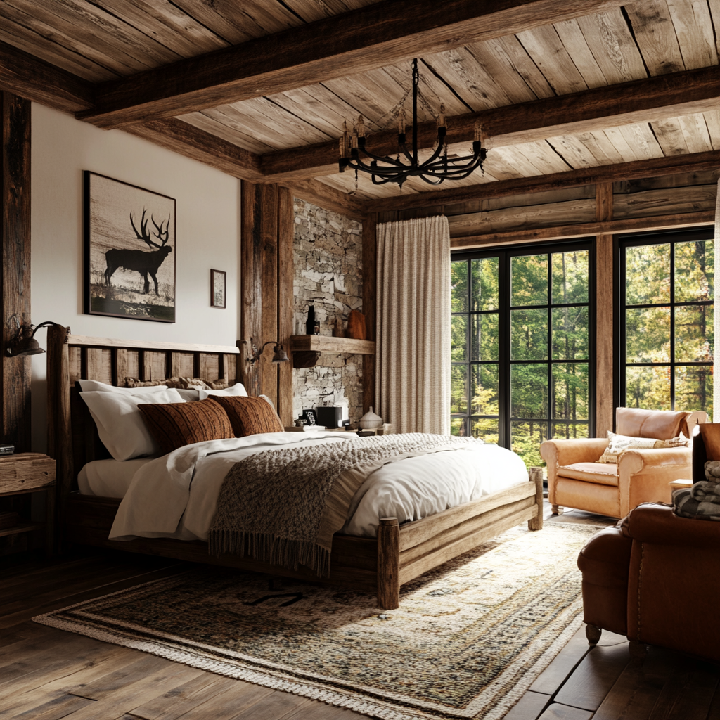 A photorealistic interior of a modern rustic 2 bedroom house design, showcasing earthy tones, reclaimed wood furniture, vintage leather armchair, a stone fireplace, and natural lighting through wood-framed windows, with tactile linens and cozy accessories enhancing the cabin feel.