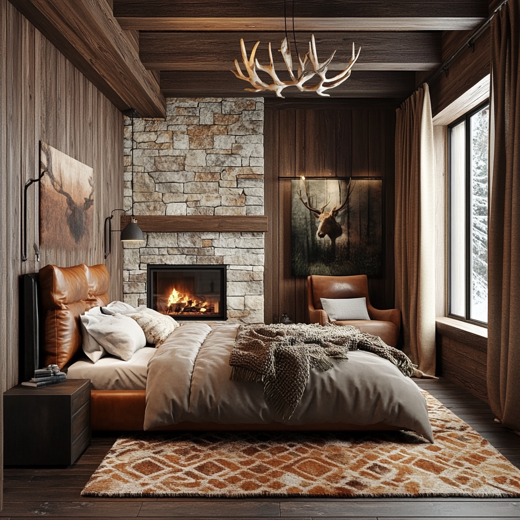 Photorealistic interior of a rustic 2 bedroom house with earthy tones, a reclaimed wood bed frame, vintage leather armchair, distressed wood nightstand, stone fireplace, and natural and artificial lighting enhancing the textures of chunky knit throws, burlap curtains, and woolen rugs.