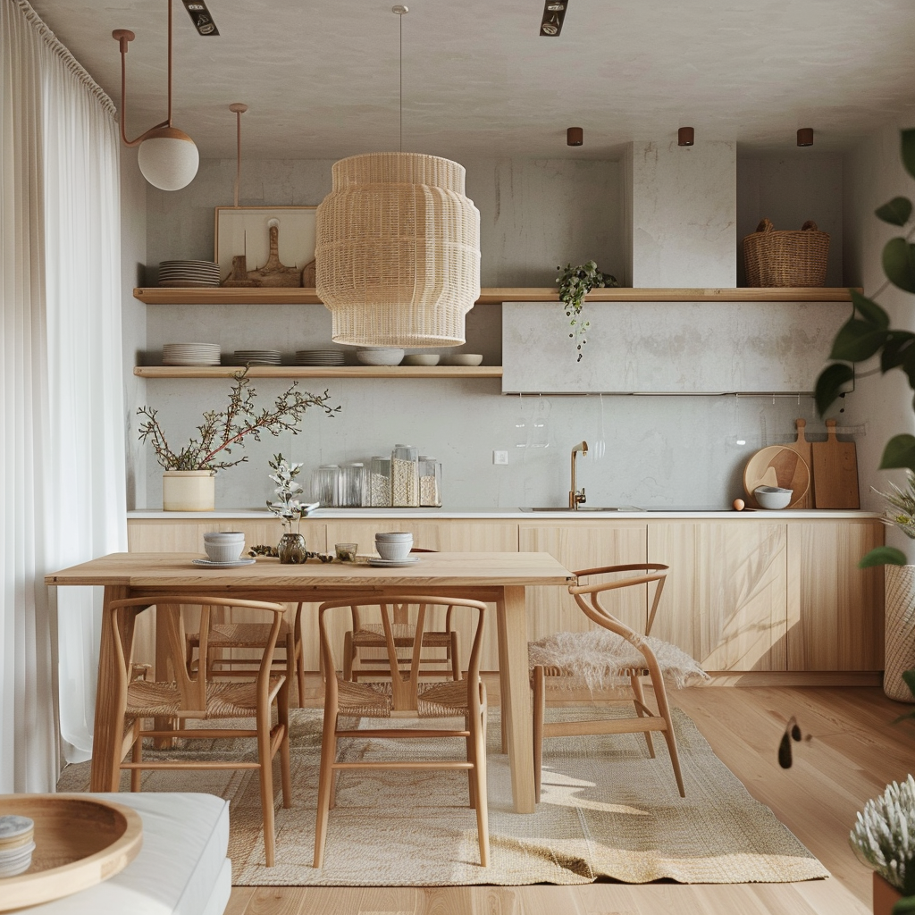 Modern Scandinavian kitchen with minimalist wooden dining table, light-toned chairs, open shelving, white countertops, and natural wood cabinetry. Abundant natural light and warm LED lighting, with textures from linen treatments, woolen rugs, and greenery.