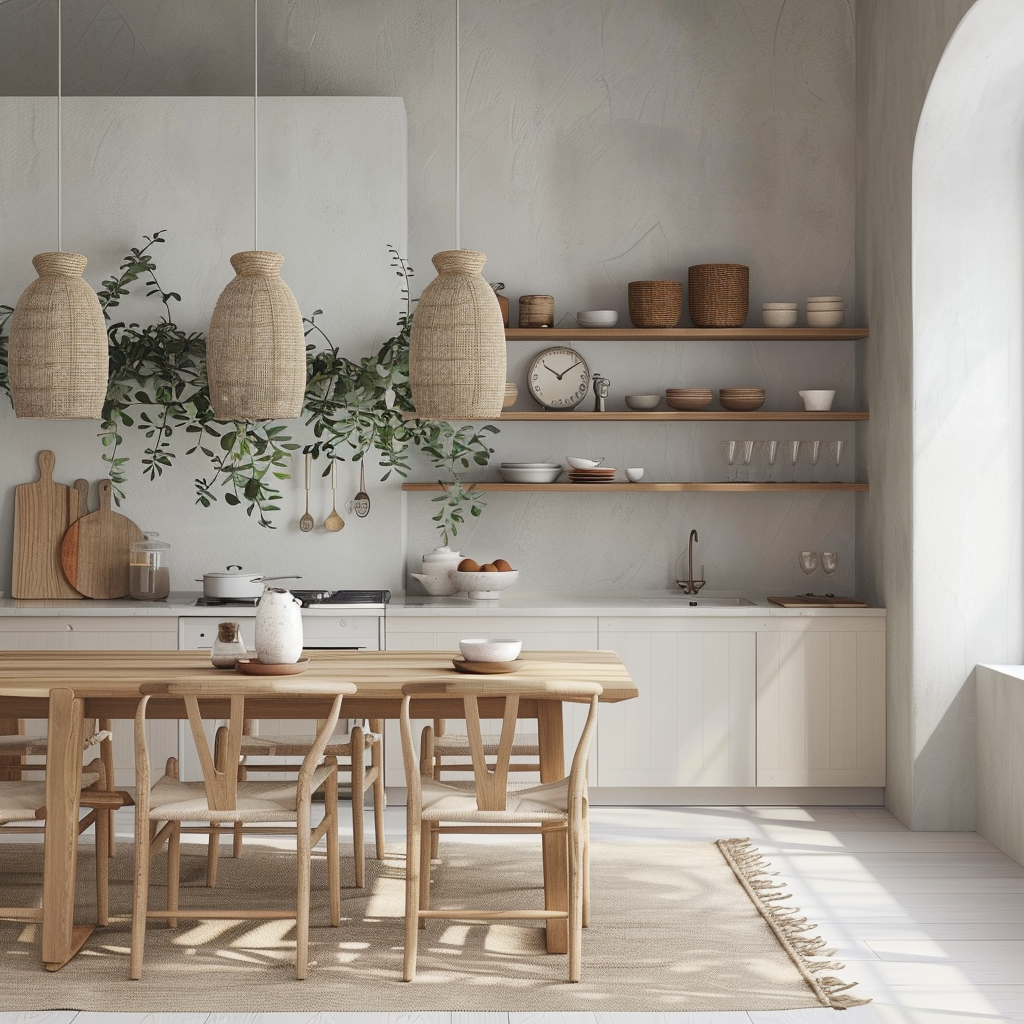 Modern Scandinavian kitchen with a minimalist wooden dining table, light-toned wood chairs with woven seats, open shelving with wooden and ceramic dishware, a kitchen island with white countertops and natural wood cabinetry, and abundant natural light through large windows.