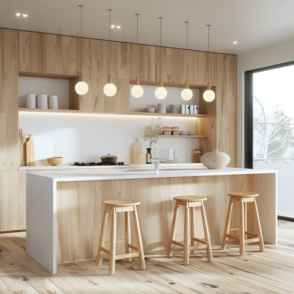 Contemporary Scandinavian kitchen with neutral tones, efficient storage, sleek cabinetry, floating shelves, minimalist island, and balanced natural and LED lighting.