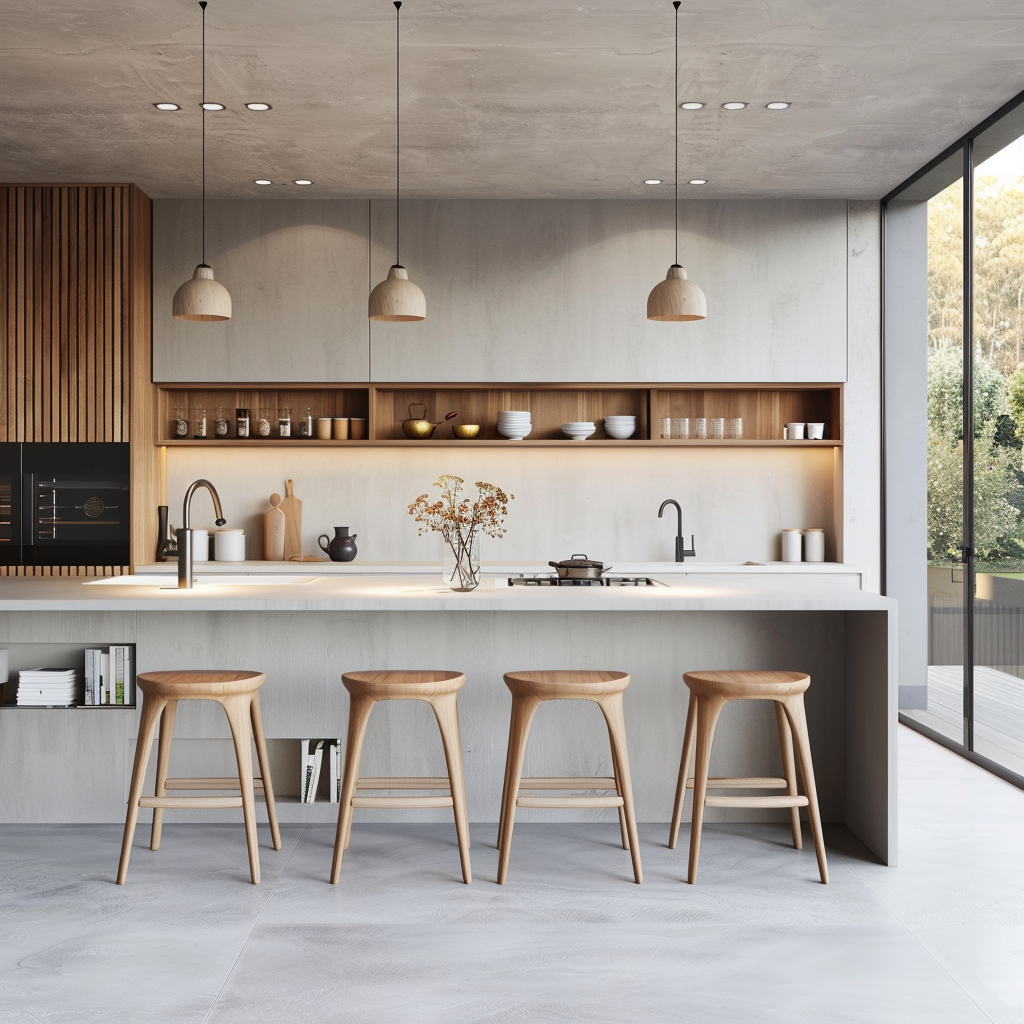 Photograph of a modern Scandinavian kitchen with sleek minimalist design, featuring white and gray tones with natural wood accents, floating wooden shelves, and integrated handle cabinetry. The kitchen has a serene and airy feel with efficient storage solutions and natural light.