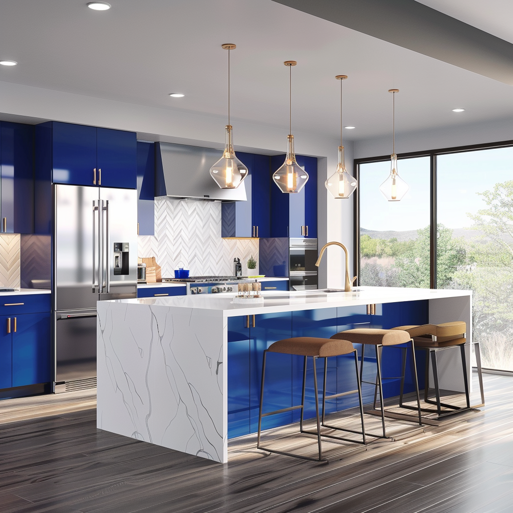 Bright, modern kitchen with white and gray color palette, stainless steel and royal blue accents, smart appliances, large quartz island with induction cooktop, retractable downdraft, pendant lights, floor-to-ceiling windows, white subway tile backsplash, herringbone wooden floors, and a high-tech smart refrigerator.