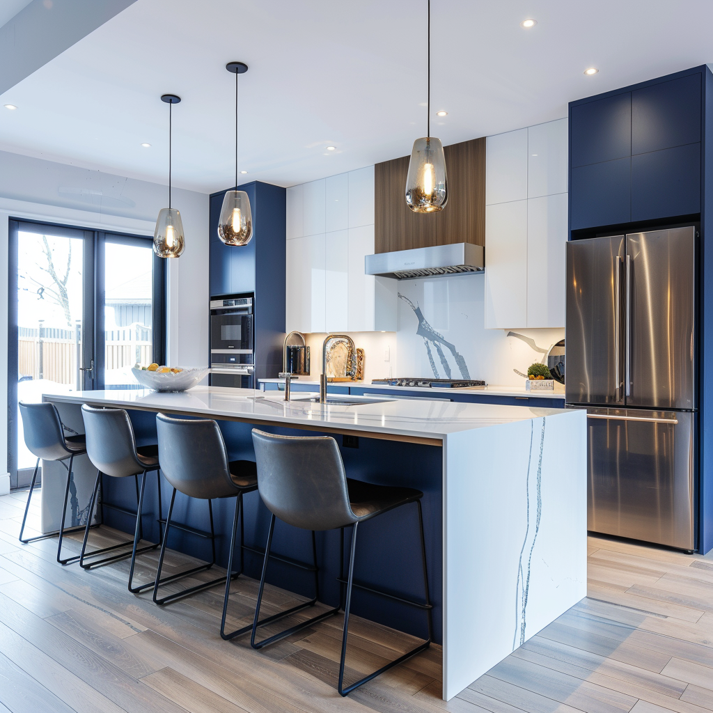 A luxuriously modern kitchen with smart appliances, a quartz countertop island, and a sleek color palette of white, gray, and royal blue. The minimalist design features integrated cabinetry, brushed steel pendant lights, and a smart refrigerator with a transparent door, all captured in a photorealistic image.