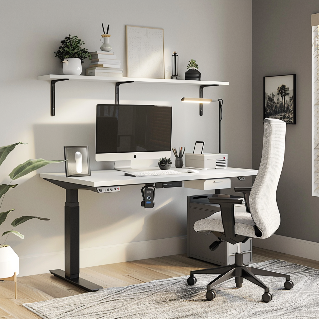 Photorealistic 8K image of a modern tech-friendly small office with a sleek white standing desk, matte-gray shelving units, ergonomic office chair, and minimalist LED desk lamp. The focal point is an ultra-thin frameless smart monitor on the wall. The room features natural lighting and monochromatic shades of cool grays, whites, and subtle black accents.