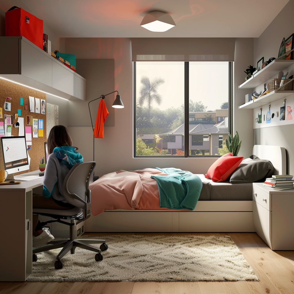 Highly detailed photorealistic render of a modern teen bedroom with cool grays, teals, and coral accents. Teenager seated, brainstorming decor ideas. Features include a white platform bed, study desk, large cork mood board, and mix of natural and artificial lighting.