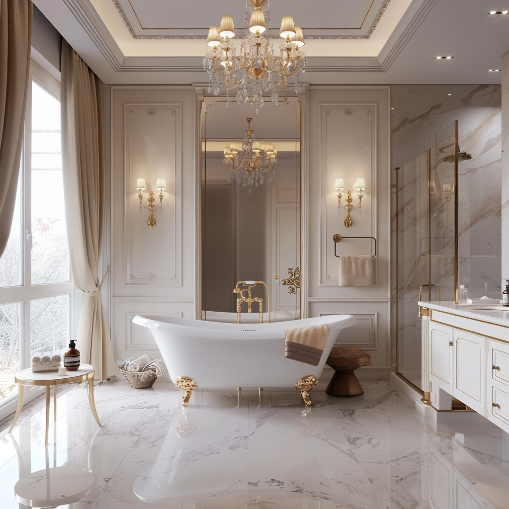 Luxurious bathroom featuring a claw-footed bathtub, double vanity with gold-finished fixtures, marble countertops, a grand crystal chandelier, white marble flooring, and ivory wainscoting, captured in 8K resolution.