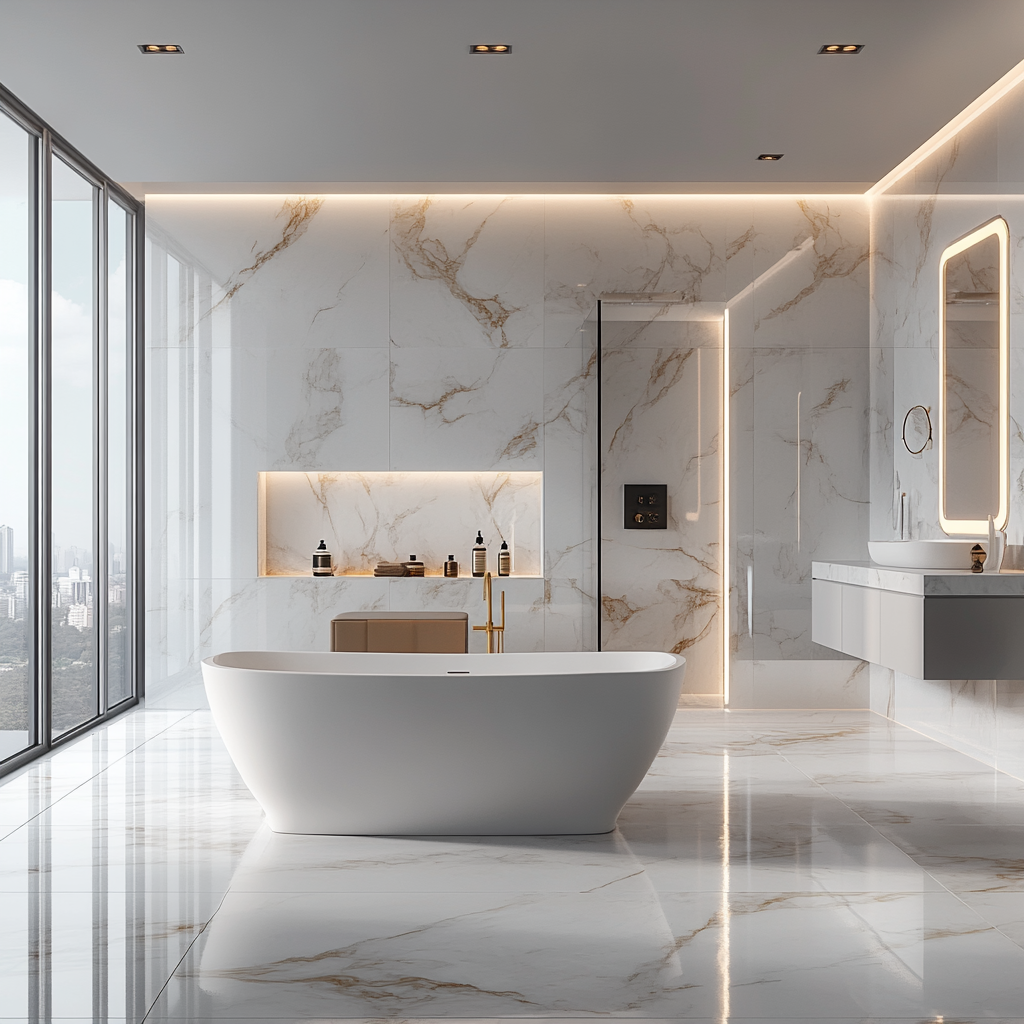 Spacious contemporary luxury bathroom with white marble, soft gray accents, brushed gold finishes, a central freestanding bathtub, walk-in shower, floating vanity with smart mirrors, natural and LED lighting, ceramic tiles, plush towels, and high-tech amenities.