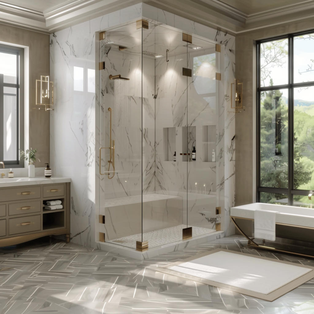 Luxurious bathroom with a modern design, featuring a waterfall shower, freestanding bathtub, floating vanity with dual sinks, and large frameless mirror. The space has soft grey and glossy white colors with rich gold accents, marble wall tiles, and a herringbone-patterned tile floor, bathed in natural light from floor-to-ceiling windows.