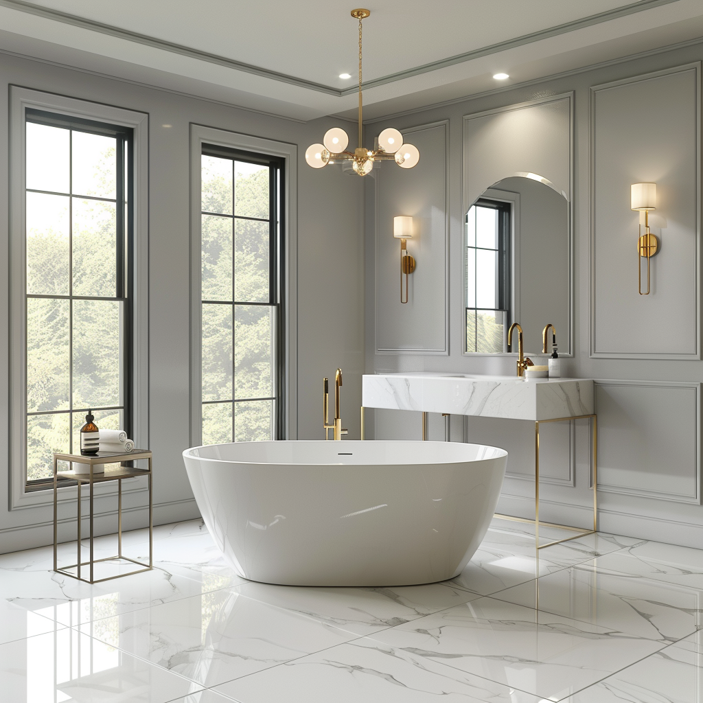 Luxurious modern bathroom with a freestanding tub, marble-look floor tiles, brushed gold accents, and a statement chandelier, captured in 8K resolution.