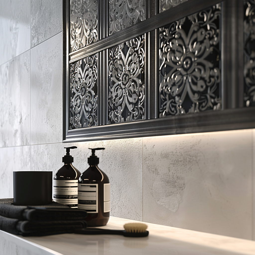 Close-up of a luxurious modern bathroom featuring lustrous patterned tiles and a textured wall treatment, with soft natural light from a frosted glass window.