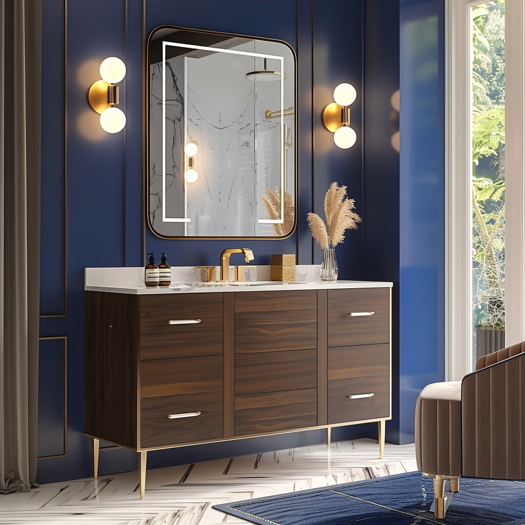 Opulent modern bathroom with a central luxury vanity, illuminated mirror, rich dark wood tones, muted grays, chrome accents, royal blue accent wall, and large windows with sheer curtains. Features include marble herringbone flooring, freestanding sculptural tub, and glass-enclosed walk-in shower.