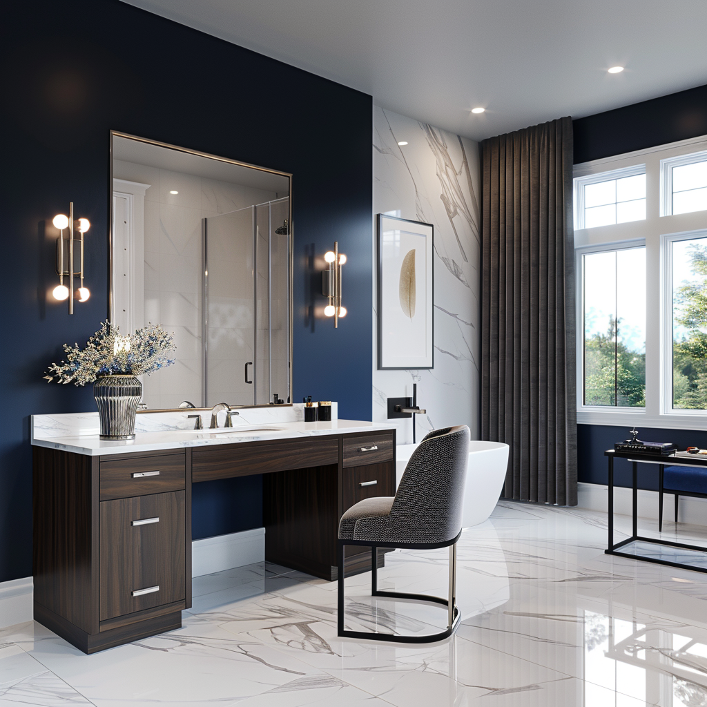 Opulent modern bathroom with a luxury dark wood vanity, illuminated mirror, royal blue accent wall, marble herringbone flooring, freestanding tub, and glass-enclosed shower.